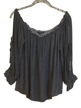 American Eagle Outfitters Navy and White Pin Strip Off-Shoulder Peasant Blouse